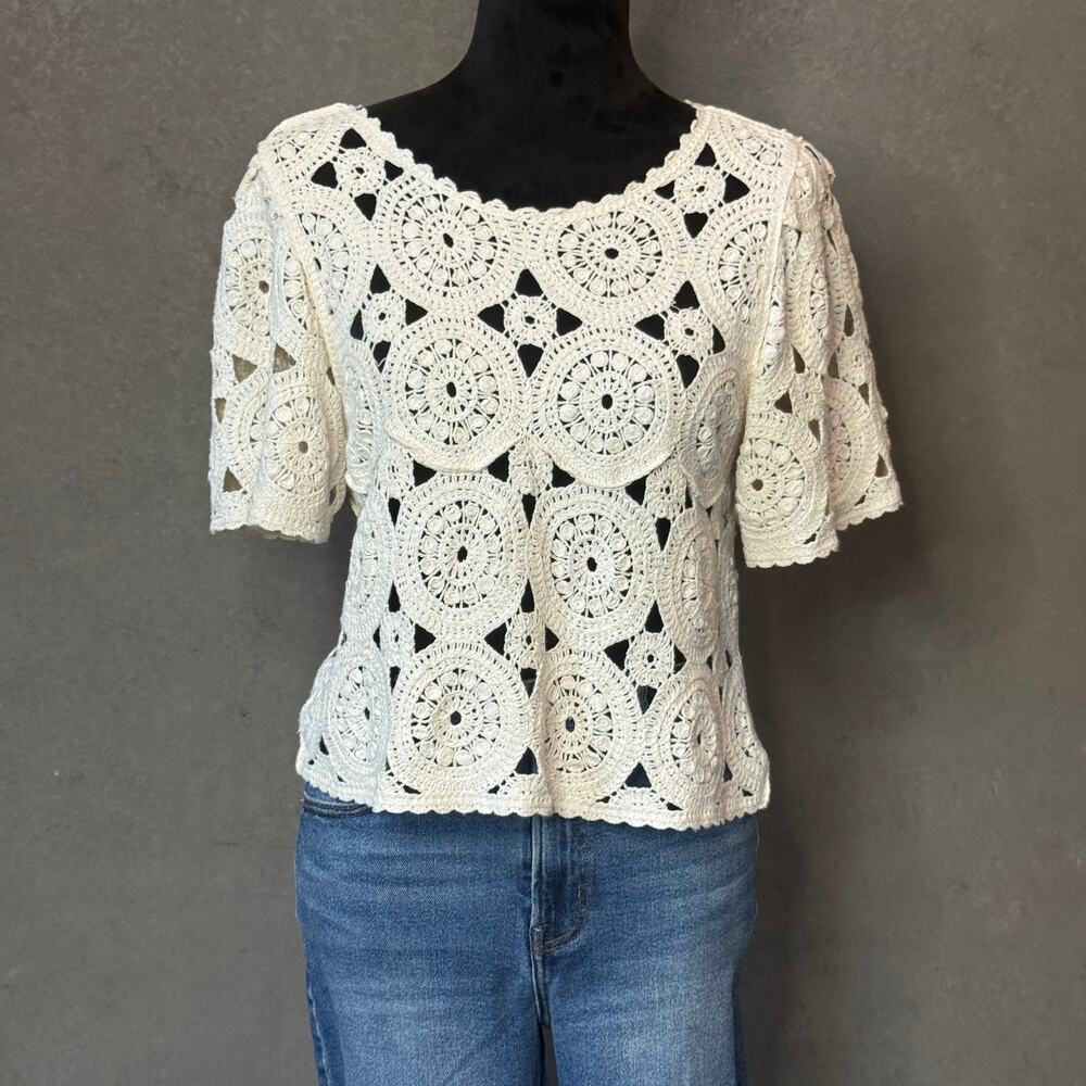 Ultra Pink Cream Crochet Medallion Top Sz S 100% Cotton Y2K Boho Short Sleeve